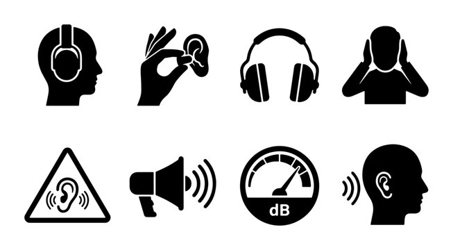 Sound and Hearing Icons: Audio, Noise, Ear Protection, Sound Level Meter, Volume Control