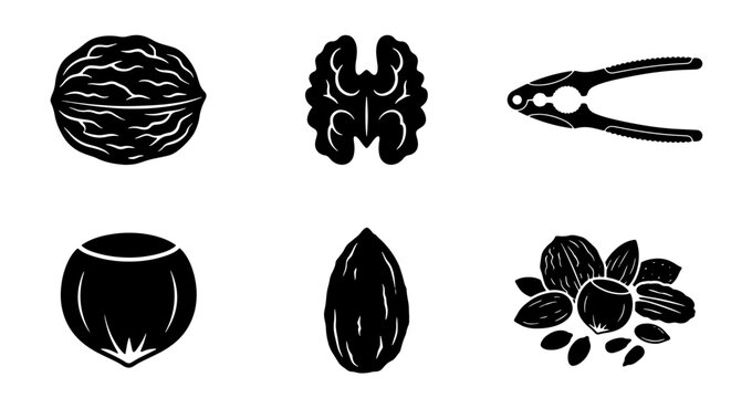 70 Minimalist nut icons set, black silhouette walnut and hazelnut vector elements, almond and nutcracker symbols for food packaging and menu design 100