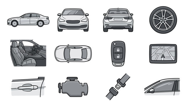 Minimalist Black and White Line Drawing Icons of Various Car Components and Views with high quality professional line art symbols for modern creative design and digital branding projects
