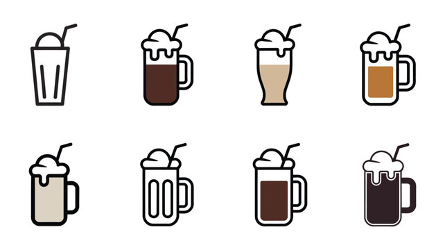 Root beer float icon set, dark mug silhouettes with ice cream scoop straw elements and flat isometric vector illustrations for drink branding