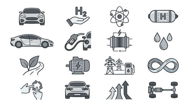 Modern Illustrated Icons Showing Various Types of Vehicles Energy Sources and Environmental Concepts in Monochrome