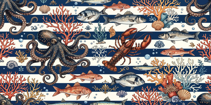 Nautical marine life seamless pattern, vintage ocean creatures and coral reef on blue and white stripes. Hand-drawn underwater world vector illustration for fabric, wallpaper, and textile design.