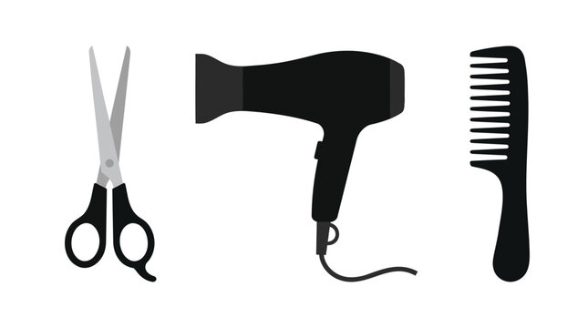 Professional hair salon tools vector set, black hair dryer with scissors and comb icons, barber shop equipment for beauty styling and grooming