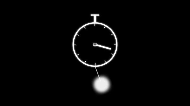Glowing white outline stopwatch with a swinging pendulum motion effect on a solid black background for dark mode digital interfaces