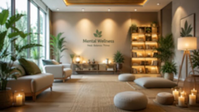 Mental wellness center interior blur background therapy office lounge spa salon healthcare medical counseling room serene atmosphere yoga studio