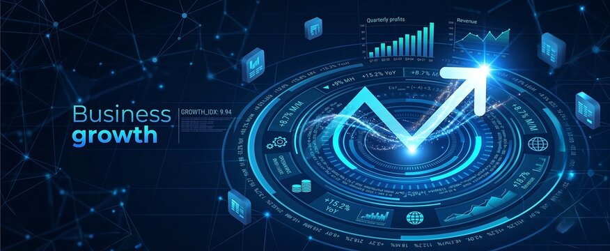 Business growth arrow on dark blue technology background with perspective speed light effect for presentation new