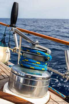 Sailboat winch with blue rope on Mediterranean  Sea