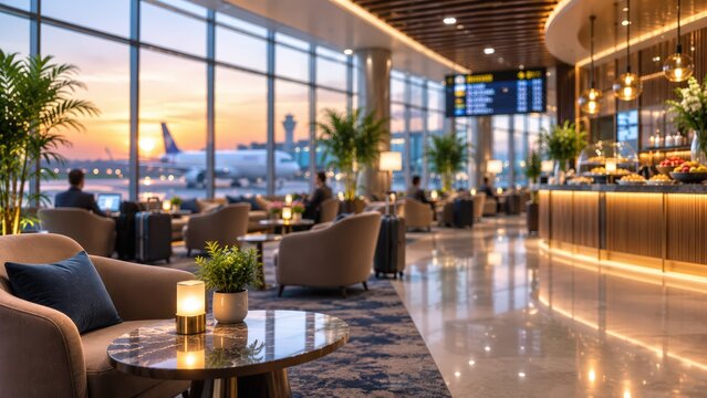 Blur Luxury airport lounge interior sunset view airplane tarmac business travel waiting area terminal executive comfort hospitality vip lounge bar