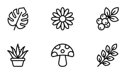 Fototapeta premium Minimalist Botanical Icons Set, Simple Outline Plant and Flower Graphics, Organic Nature Elements Collection, Vector Art for Design