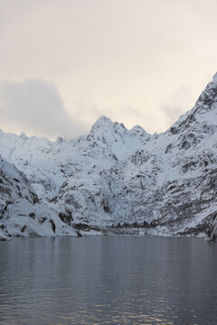 Snowy mountains of the Lofoten Islands in winter