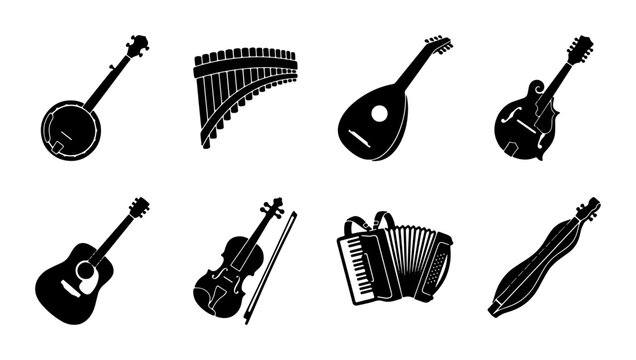 Diverse Musical Instruments Collection, Folk String & Wind Instruments, Classic Accordion, Banjo, Guitar, Violin, Mandolin, Oud, Pan Flute Icons