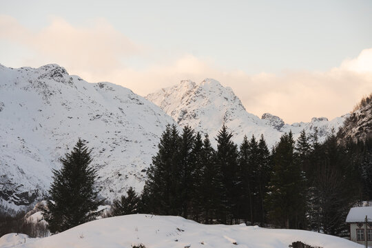 Winter landscape of snowy Lofoten Islands mountains