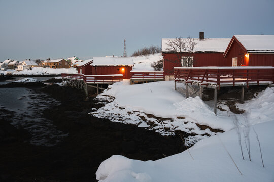 Winter scene in Lofoten Islands with snowy landscape