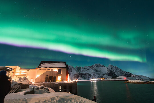 Mesmerizing northern lights over Lofoten Islands landscape