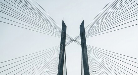 Fototapeta premium Geometric abstract of modern suspension bridge towers and radiating cables against a bright sky