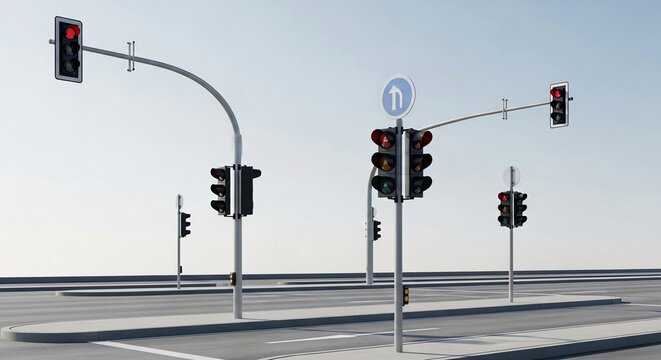 Modern Smart Traffic Light System Guiding Urban Roadways with Advanced Directional Signals and Clear Signage