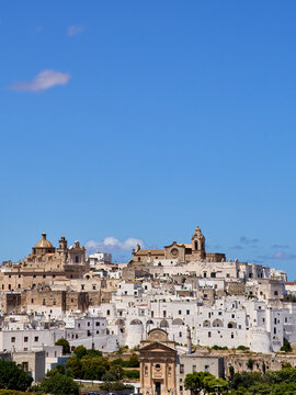 Panoramic view of Ostuni, also known as the White City. Province of Brindisi. Apulia, Puglia, Italy, Europe