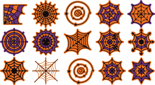 Spider Web Collection Vector Illustration With Orange And Purple Tones