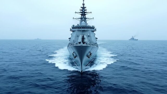 Naval warship cruising through open ocean