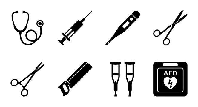 Medical Icons Set: Stethoscope, Syringe, Thermometer, Scissors, Saw, Crutches, AED Device