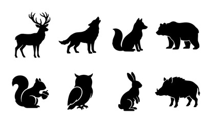 Fototapeta premium Forest Wildlife Silhouettes Collection: Deer, Wolf, Fox, Bear, Squirrel, Owl, Rabbit, Boar Vector Icons for Nature Designs