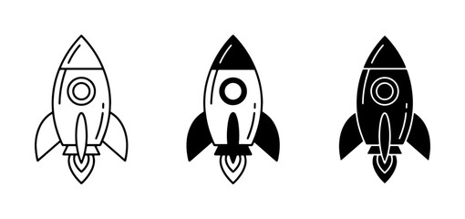 Rocket Ship Icons, Spacecraft Vector Set, Futuristic Launch Symbols, Black and White Graphics © Md