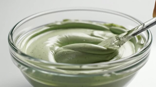 Close-Up Of Green Matcha Tea Mixture Being Stirred In A Glass Bowl With A Spatula For Healthy Cooking And Culinary Uses