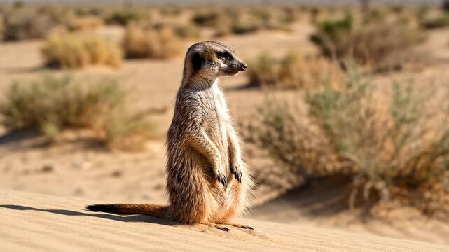 A cautious meerkat stands upright on the shifting sands of the African desert while scanning the horizon for any impending threats within its natural wild habitat under the bright afternoon sun