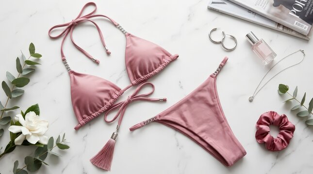 Fashionable Dusty Pink Bikini Set with Silver Chain and Tassel Details on Marble