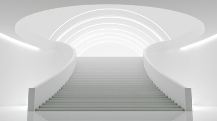 Obraz premium Stairs lead to an upper level in a modern building with bright lighting and curved walls