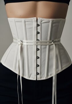 A white waist trainer corset with front hooks and lacing strings