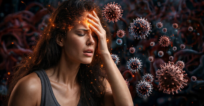 Young woman suffering from severe migraine fever holding forehead with glowing hot spots surrounded by floating virus cells suitable for healthcare medical ads and illness symptoms