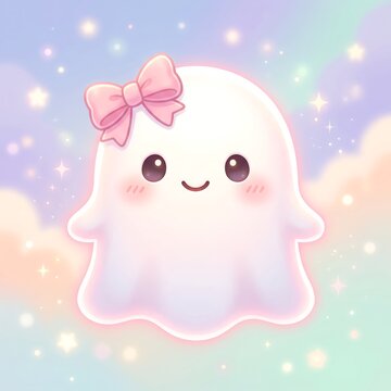Adorable kawaii ghost with a pink bow floating in a dreamy pastel sky with sparkles and soft clouds