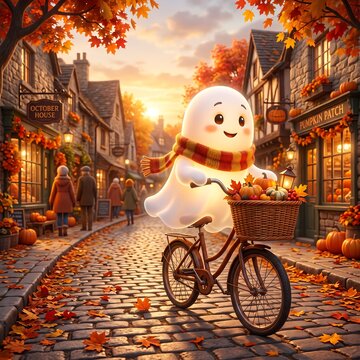 Adorable ghost riding a bicycle through a charming autumn village street with pumpkins and falling leaves