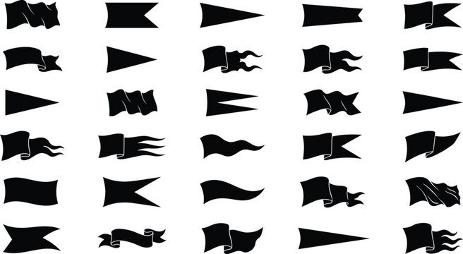 Collection of diverse black pennant and ribbon banners in flat design vector style