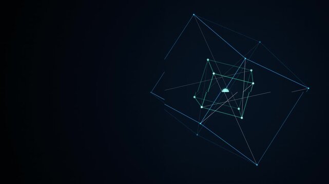 Quantum Computing Data Node. Rotating Blue Wireframe Tesseract for B2B Tech Explainer Videos and SaaS Presentations