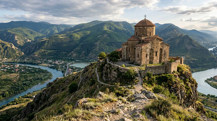 Fototapeta premium Ancient Monastery On Hilltop Overlooking River Valley