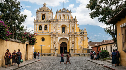 Obraz premium Antigua Guatemala Colonial Architecture Church Cobblestone Street People