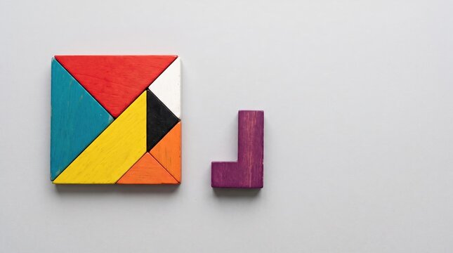 geometric shape block with colorful wood puzzle piece background. logical thinking, business logic, Conundrum, decision, solutions, rational, mission, success, goals and strategy concepts 