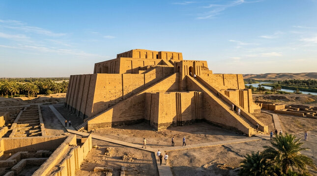 Ancient ziggurat ancient Mesopotamian architecture in Iraq at sunset