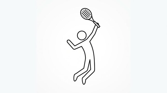 Minimalist stick figure athlete jumping to serve a tennis ball with a racket, clean black line art vector illustration