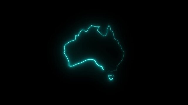 Australia outline glowing neon cyan energy line animation on black background digital representation of continent map abstract technology. animation