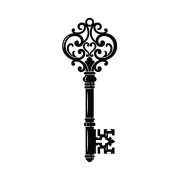 Ornate vintage key vector icon with decorative scrollwork handle for security and antique design