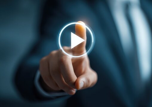 Person interacting with glowing circular play button interface for multimedia streaming and digital content streaming interface interaction business technology hologram multimedia activation