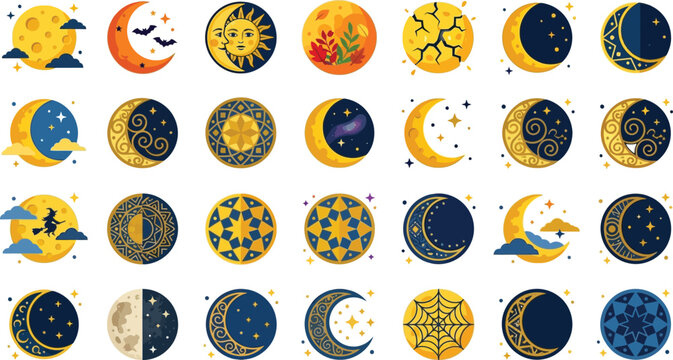 Illustration of Colorful collection of moon phases with celestial and fantasy elements in flat design style.
