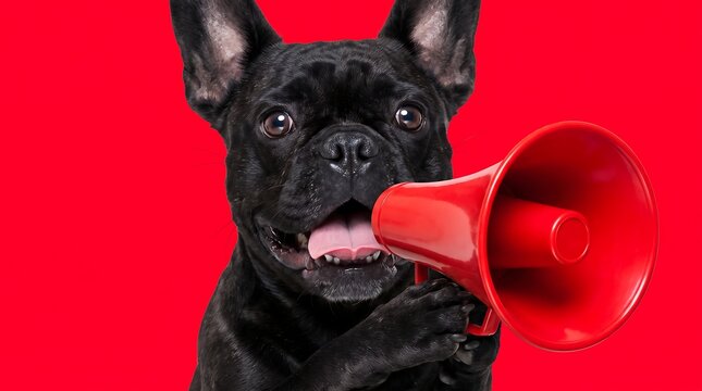 Black french bulldog announcing with a red megaphone on a vibrant red background