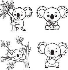 Naklejka premium Four cartoon koalas holding eucalyptus leaves with eucalyptus australia wildlife marsupial