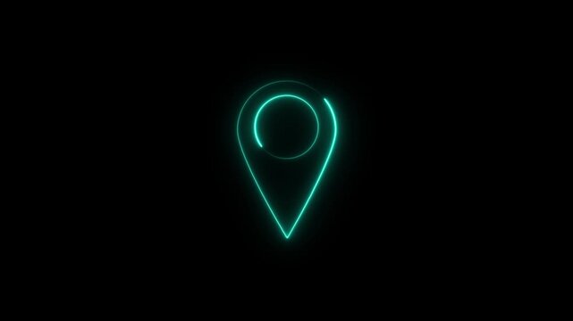 A glowing cyan neon map pin location marker centered on a dark black background representing navigation or a point of interest on a digital map