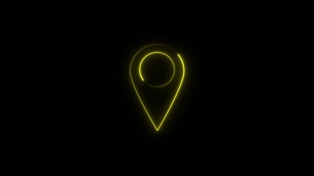 A glowing yellow neon map pin location marker centered on a dark black background representing navigation or a point of interest on a digital map