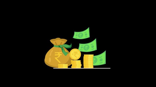 Animation of Rupee Money Bag With Coins and Banknotes Representing Wealth with alpha  